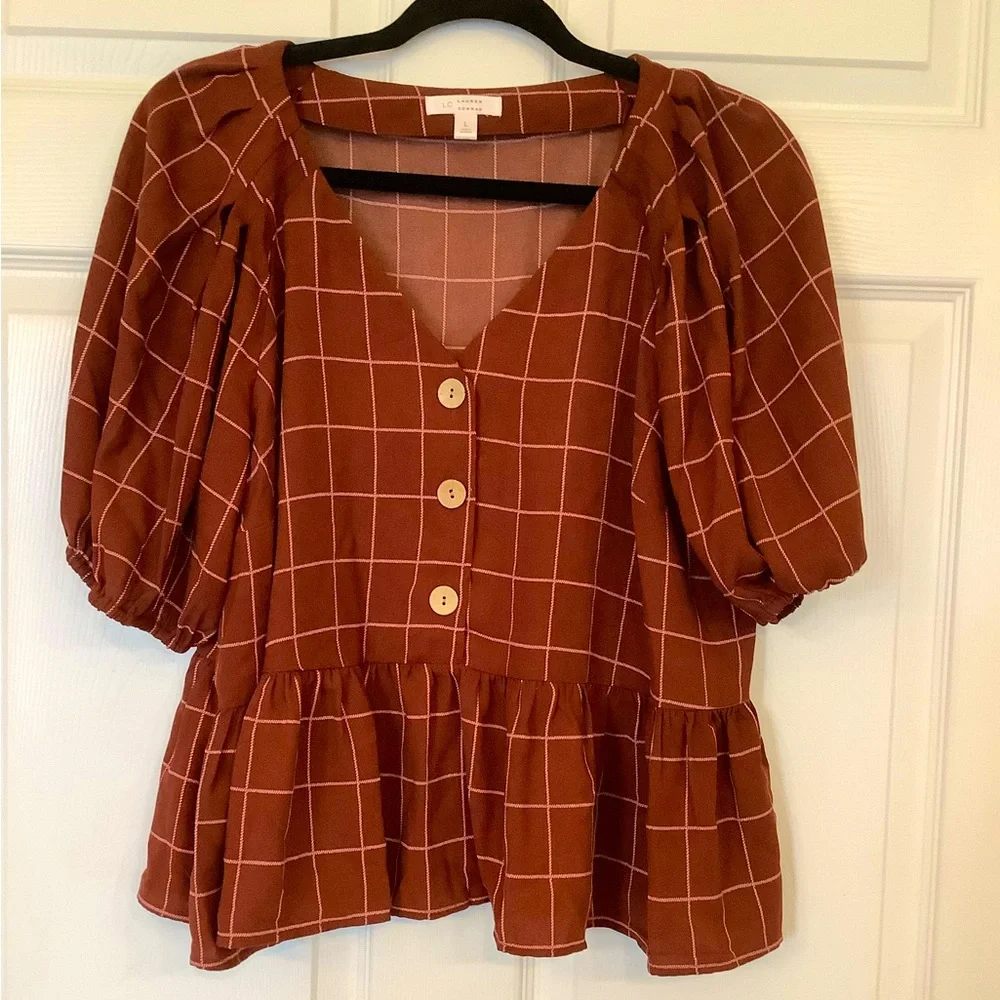 NWT Lauren Conrad Ruffle Plaid Dark Red Plaid Cropped Blouse, Sz L - Picture 1 of 4